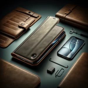 DALL·E 2024 02 28 08.09.33 An elegant vertical flip leather case for Apple iPhone showcasing its sleek design and functionality. The image should display the case open reveali 1