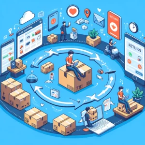 DALL·E 2024 02 28 20.50.27 An illustration showing the process of online shopping including ordering receiving packages and the steps involved in returning items to a seller 1