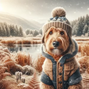 DALL·E 2024 02 29 05.10.05 Een middelgrote hond in een omkeerbare winterjas staande in een schilderachtig herfst of winterlandschap. De hond ziet er warm en comfortabel uit w 1