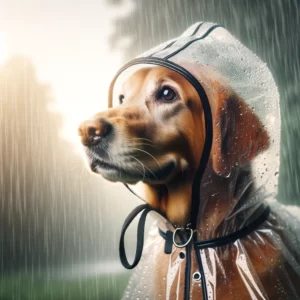 DALL·E 2024 02 29 05.19.29 Een hond draagt een transparante regenjas tijdens een regenachtige dag. De hond ziet er comfortabel en tevreden uit terwijl het ontwerp van de regenj 1
