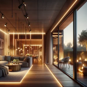 DALL·E 2024 02 29 06.40.59 Een gezellige woonkamer moderne keuken of buitenterras verlicht met de zachte gloed van LED strip licht. De ruimte moet warm en uitnodigend zijn me 1