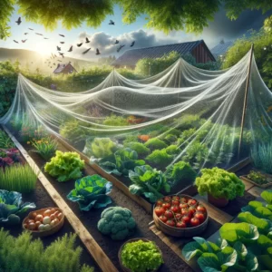 DALL·E 2024 03 01 05.08.53 Create an image that visually represents a garden protection mesh designed to shield vegetables crops and plants from birds insects and adverse we 1