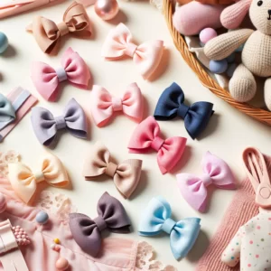DALL·E 2024 03 01 05.54.02 Create an image that visually represents a collection of cute solid color bow ribbon hair clips for babies and kids. The image should highlight the v 1