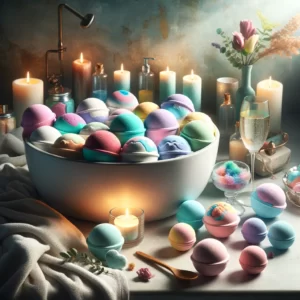 DALL·E 2024 03 01 06.20.52 Create an image that visually represents a luxurious set of 12 bath bombs each with unique scents and colors designed for moisturizing and exfoliati 1