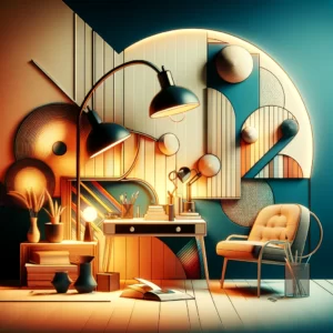 DALL·E 2024 03 01 21.04.14 Create an abstract image that conveys the concept of a vintage LED desk lamp designed for study rooms capable of dimming for a cozy atmosphere in the 1