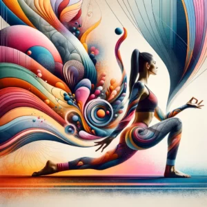DALL·E 2024 03 02 06.42.40 Create an abstract image that symbolizes the essence of a seamless yoga set for women highlighting the combination of fashion and functionality. The 1