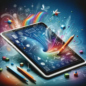DALL·E 2024 03 02 07.44.14 Create an abstract image that visually encapsulates the concept of a 12 inch electronic handwriting tablet for children featuring a digital drawing a 1