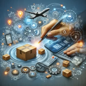DALL·E 2024 03 02 18.29.53 Create an abstract image that visually encapsulates the concept of online shopping package delivery and customer support in a digital marketplace. T 1