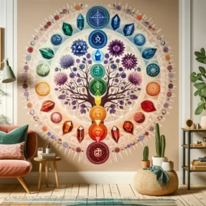 DALL·E 2024 03 02 19.09.40 Create an abstract image that visually encapsulates the concept of a Tree of Life wall hanging decoration incorporating elements representing the 7 c 1