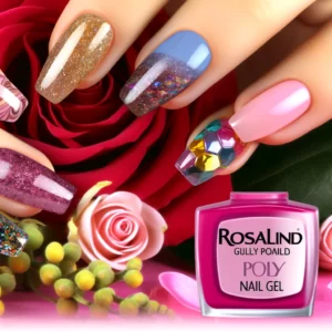 DALL·E 2024 03 04 05.31.21 Create an image that visually represents the versatility and beauty of Rosalind Poly Nail Gel in nail art showcasing a range of vibrant colors and ef 1
