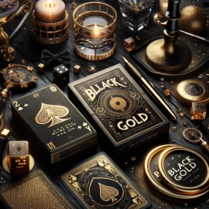 DALL·E 2024 03 04 06.33.29 Create an image that visually represents the elegance and uniqueness of the Black Gold Playing Cards. The image should showcase the cards in a luxurio 1