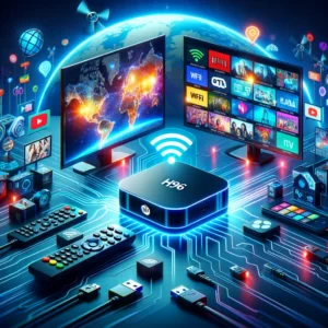 DALL·E 2024 03 04 08.05.52 Create an image that visually represents the H96 Smart TV Box and the vast world of IPTV it unlocks. The image should depict the TV box connected to a 1