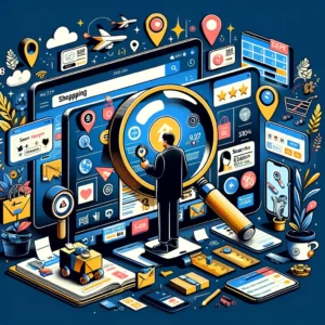 DALL·E 2024 03 05 08.13.16 Illustrate an image that reflects strategic shopping on AliExpress incorporating elements like a savvy shopper surrounded by digital screens displayi 1