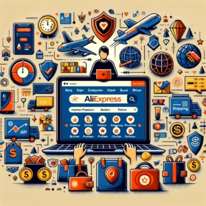 DALL·E 2024 03 05 08.17.38 Craft an image that depicts the journey of a consumer navigating through AliExpress from searching for products to receiving packages. The image shou 1