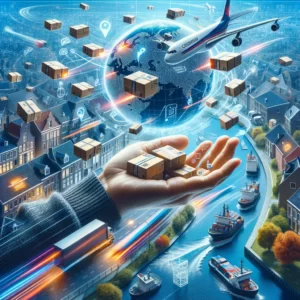 DALL·E 2024 03 05 08.24.24 Create an image that vividly illustrates the complex journey of packages from AliExpress to the hands of Dutch consumers with a focus on the critical 1