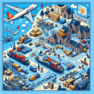 DALL·E 2024 03 05 08.33.26 Create an image that intricately illustrates the journey of an AliExpress package to a Dutch doorstep emphasizing the logistic complexity and the key 1