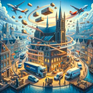 DALL·E 2024 03 05 08.40.58 Illustrate the critical journey of AliExpress packages through the customs process in Schiedam emphasizing the citys pivotal role in the Dutch e com 1