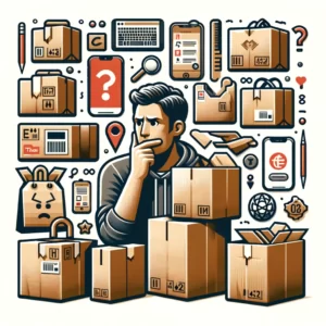 DALL·E 2024 03 05 18.40.29 Create an image that visually represents the challenges and frustrations experienced by consumers when dealing with issues related to online shopping 1