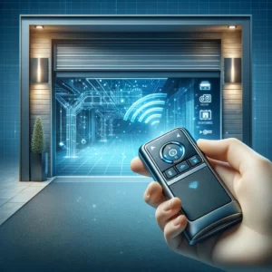 DALL·E 2024 03 05 19.06.11 Design an image that captures the essence of upgrading and modernizing home garage systems with advanced remote controls. The visual should depict a s 1