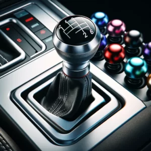 DALL·E 2024 03 05 19.14.51 Create an image that captures the essence of customizing a cars interior with a stylish and colorful gear shift knob. The image should depict a close 1
