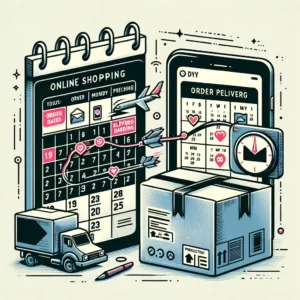 DALL·E 2024 03 06 05.17.25 Create an image that visualizes the process and anticipation of online shopping focusing on the journey of a package from order placement to delivery 1