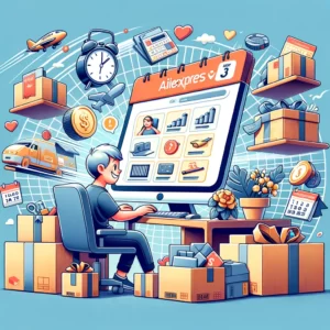 DALL·E 2024 03 06 07.48.30 Create an image that realistically depicts the experience of shopping on AliExpress showing a person happily browsing through a variety of affordable 1