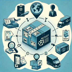 DALL·E 2024 03 06 18.58.06 Een illustratie die de reis van een pakket laat zien van internationale verzending tot het moment dat het automatisch wordt teruggestuurd inclusief 1