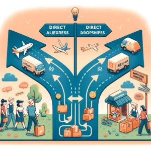 DALL·E 2024 03 06 20.34.31 Een educatieve illustratie die het verschil tussen bestellen via dropshipping websites en direct kopen op AliExpress toont. De afbeelding illustreert 1