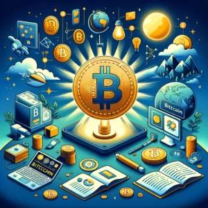 DALL·E 2024 03 06 20.43.07 Een educatieve en inspirerende illustratie die de wereld van Bitcoin en cryptocurrencies introduceert gericht op beginners. De afbeelding moet concep 2