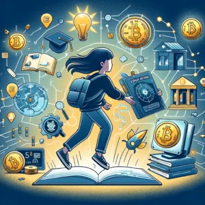DALL·E 2024 03 06 20.52.35 Een educatieve afbeelding die de themas van educatie veiligheid en de eerste stappen in de wereld van cryptocurrency visualiseert. De illustratie to 1