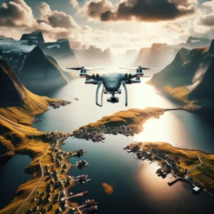 DALL·E 2024 03 06 21.15.33 Een inspirerende afbeelding die de schoonheid en mogelijkheden van luchtfotografie met drones illustreert. De afbeelding toont een drone die hoog bove 1