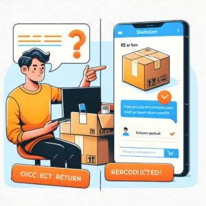 DALL·E 2024 03 07 06.55.29 Create an illustration that shows the contrast between an incorrect return package addressed to a PO Box in Schiedam and a customer correctly communi 1