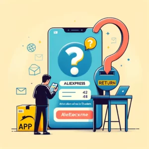 DALL·E 2024 03 07 07.10.36 Create an illustration that shows a person communicating with an AliExpress seller via a smartphone or computer with a large question mark above a ma 1