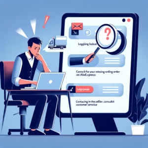 DALL·E 2024 03 07 07.51.13 Create an illustration that shows a concerned person looking at a computer screen symbolizing the search for their missing order on AliExpress with 1