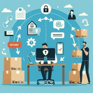 DALL·E 2024 03 07 07.54.08 Create an illustration that visually represents the process and challenges of returning items purchased online when unable to log in or contact the se 1