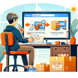 DALL·E 2024 03 07 10.54.27 Illustrate a scenario where a customer is following a guide on their computer for returning an item purchased from AliExpress emphasizing the importa 1