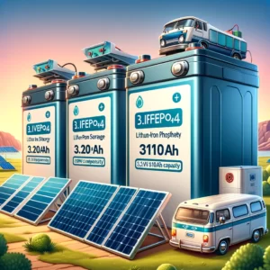 DALL·E 2024 03 10 08.17.50 Visualize a set of four high capacity lithium iron phosphate LiFePO4 batteries. These batteries are designed for a variety of applications including 1