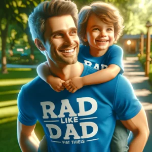DALL·E 2024 03 10 08.40.55 A father and child wearing matching Rad Dad and Rad Like Dad blue T shirts smiling and enjoying a sunny day outside. The father is giving the chi 1