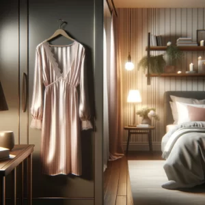 DALL·E 2024 03 10 08.48.09 A cozy and stylish nightgown displayed in a bedroom setting emphasizing the importance of comfortable sleepwear. The scene includes a softly lit room 1