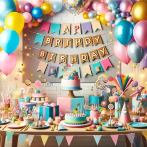 DALL·E 2024 03 10 08.53.03 Create an image that creatively showcases a variety of colorful and fun birthday party supplies set up for a festive celebration. Include elements lik 1