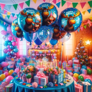 DALL·E 2024 03 11 08.33.28 A vibrant party scene filled with Moose Bluey family themed decorative balloons surrounded by birthday decorations and gifts. The atmosphere is festi 1