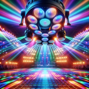 DALL·E 2024 03 11 08.48.53 Visualize a dynamic and colorful stage lighting effect using 20W RGBW LED technology. Imagine a dance floor illuminated by vibrant patterns projected 1