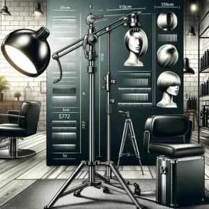 DALL·E 2024 03 11 21.30.55 Illustrate a professional and sleek 125cm adjustable mannequin head holder tripod depicted in a sophisticated hairdressing salon environment. The tri 1