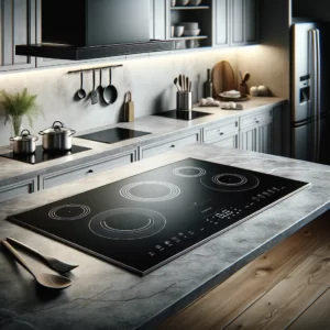 DALL·E 2024 03 12 05.28.10 Create an image depicting a sleek and modern kitchen with an induction cooktop. On the cooktop place a black rubber Top Stove Protector Mat showcasi 1