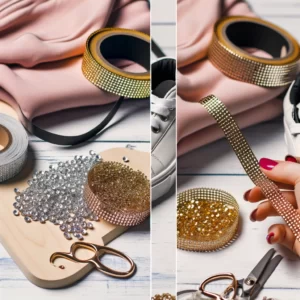 DALL·E 2024 03 12 06.27.41 Create an image depicting a creative and stylish DIY project using gold and silver rhinestone chain trim tape. The scene should showcase the trim tape 1