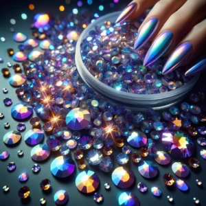 DALL·E 2024 03 13 05.49.42 Create an image showcasing a dazzling array of Flatback Crystal AB Non Hotfix Rhinestones illustrating their use in various creative projects such as 1