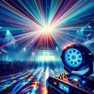 DALL·E 2024 03 13 05.53.18 Create an image showcasing the ESHINY RG Laser Dream Aurora 60 Patterns Projector in action at a DJ disco party or dance room. The scene should illus 1