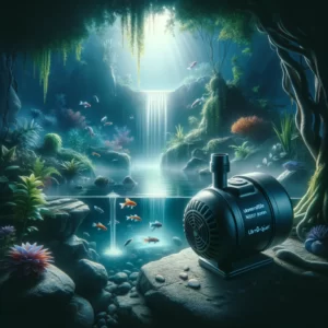 DALL·E 2024 03 13 05.57.35 Create an image showcasing an ultra quiet submersible water pump in a serene aquarium or pond setting. The scene should highlight the pumps discreet 1