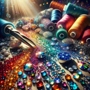 DALL·E 2024 03 13 06.29.40 Create an image showcasing a dazzling array of multicolor rhinestones from the wholesale packs illustrating their use in various creative projects su 1