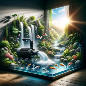 DALL·E 2024 03 13 06.45.30 Create an image showcasing a multifunctional aquarium water pump in action illustrating its use in enhancing an aquarium pond or fountain. The scen 1